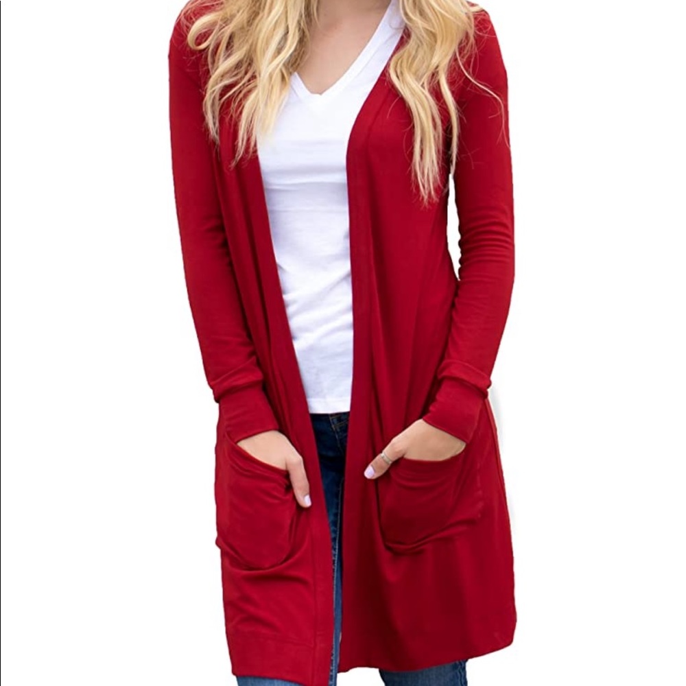 Long red cardigan with deep pockets. Worn once.